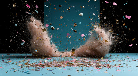Exploding confetti with pink and gold on blue background.の素材