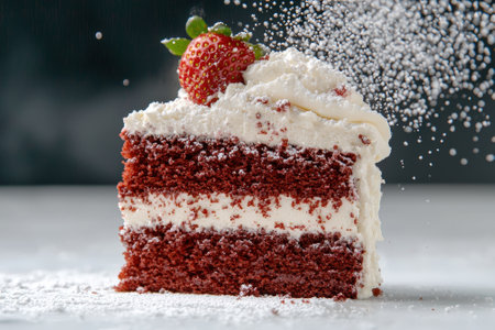 Decadent red velvet cake slice with strawberry and icing.の素材