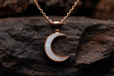 Elegant crescent moon pendant necklace on dark stone.の素材