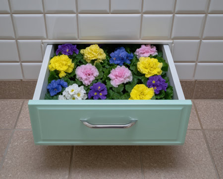 Colorful primrose flowers bloom inside a vintage mint drawer.の素材