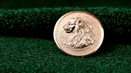 A golden coin with a lion on green felt.の素材