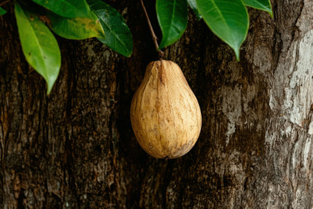 Solitary annona fruit hangs from tree branch in nature.の素材