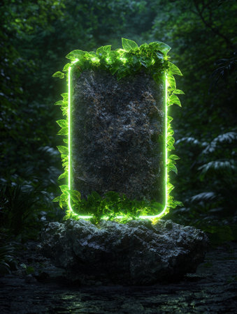 Mystical stone portal with glowing vines in lush forest.の素材