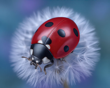 Vibrant ladybug resting on a fluffy dandelion seed head.の素材