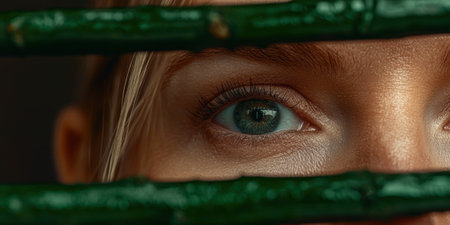 Intense gaze: close-up of a woman's striking blue eye.の素材