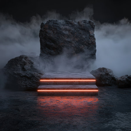 Eerie glowing platform with rocks and fog in darkness.の素材