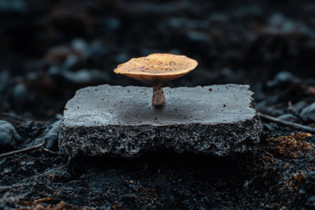 Solitary mushroom grows on a weathered stone surface.の素材