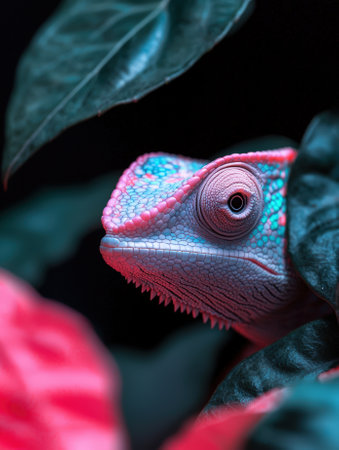 Vibrant chameleon portrait amidst lush, colorful foliage.の素材