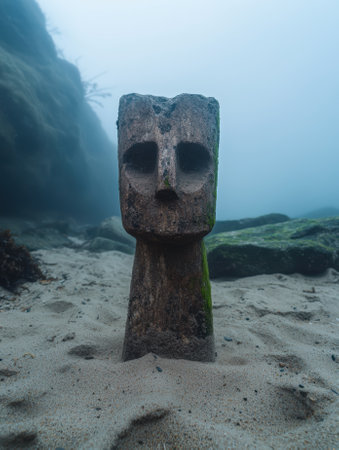 Mysterious stone moai statue stands on a sandy seabed.の素材