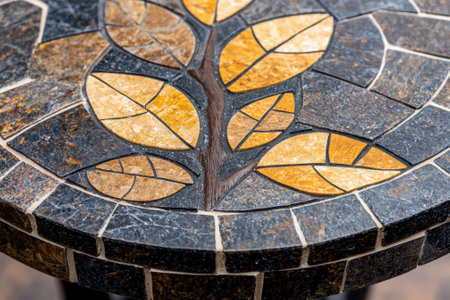Mosaic table top featuring a tree design with leaves.の素材