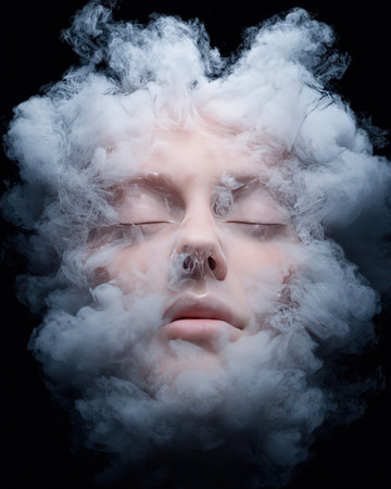 Surreal portrait of a woman enveloped in ethereal smoke.の素材