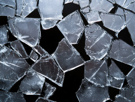 Scattered shards of broken glass on a black surface.の素材