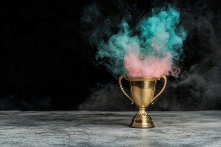 Golden trophy emitting colorful smoke against a dark backdrop.の素材