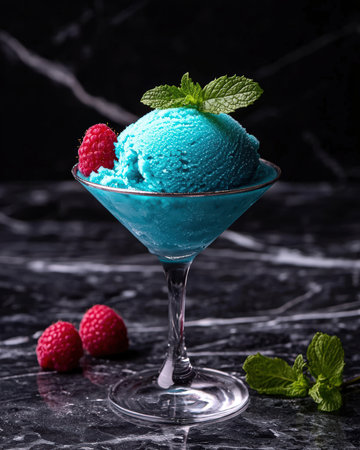 Blue raspberry ice cream in a martini glass.の素材