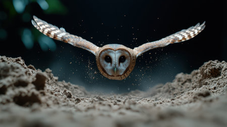 Barn owl swoops low over sandy ground.の素材
