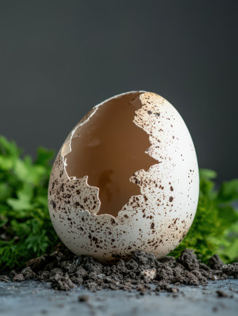 Cracked speckled eggshell on soil with green plants.の素材