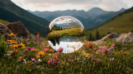 Idyllic mountain meadow landscape in a crystal ball.の素材