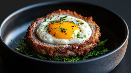 Savory scotch egg with a fried egg on top.の素材