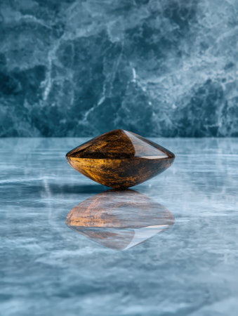 Abstract polished brown stone sculpture with reflection on marble.の素材