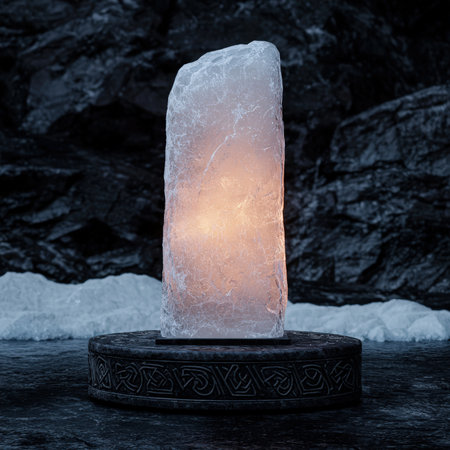 Mystical ice monolith glows on an ancient stone pedestal.の素材