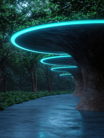 Surreal pathway with glowing lights in a lush forest.の素材