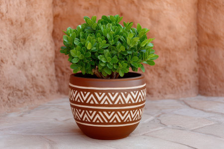 Potted green plant with patterned pot on tiled surface.の素材