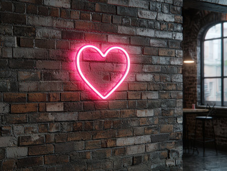 Glowing pink heart neon sign on rustic brick wall.の素材