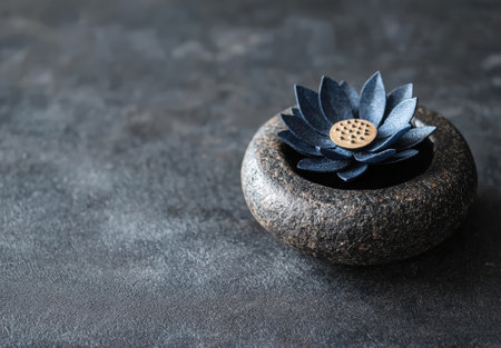 Elegant blue flower in a dark stone bowl.の素材