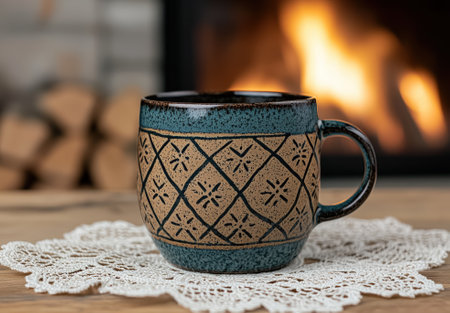 Cozy patterned mug on a doily by the fireplace.の素材