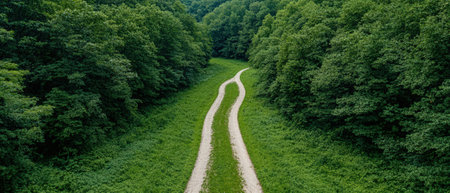 Gravel path winds through verdant forest landscape.の素材