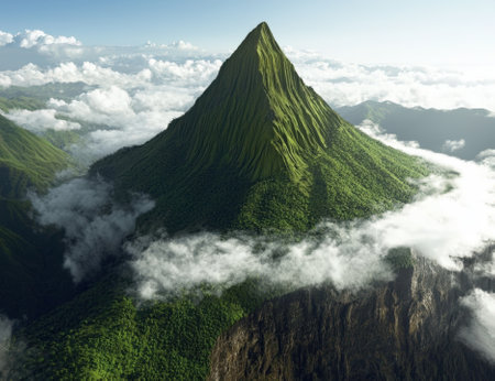 Lush green mountain peak shrouded in ethereal clouds.の素材