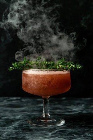 Smoky cocktail garnished with fresh thyme sprigs.の素材