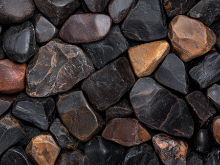Polished river rocks create a dark, natural background texture.の素材