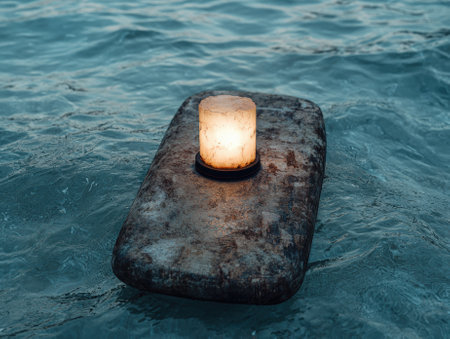 Glowing lamp on a stone raft adrift at sea.の素材