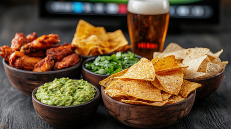 Game day spread: chicken wings, chips, beer, and guacamole.の素材