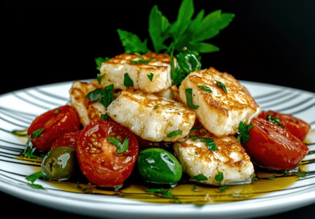 Grilled halloumi cheese salad with tomatoes and olives.の素材