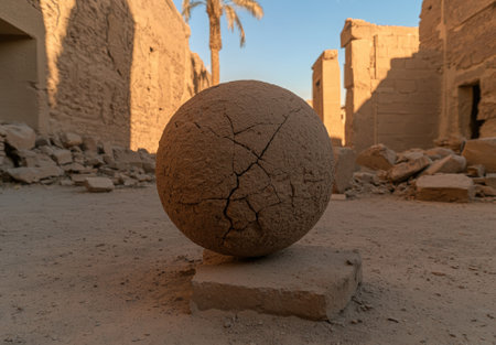 Ancient cracked stone ball in a temple, great beauty, ancient scene.の素材