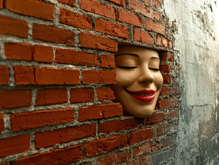Whimsical face sculpture emerging from a weathered brick wall.の素材