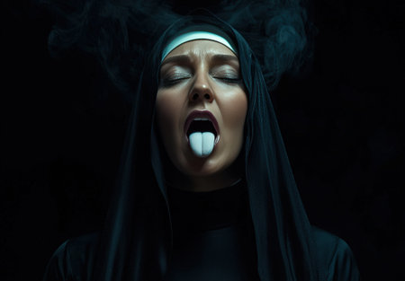 Provocative nun with a white pill on her tongue.の素材