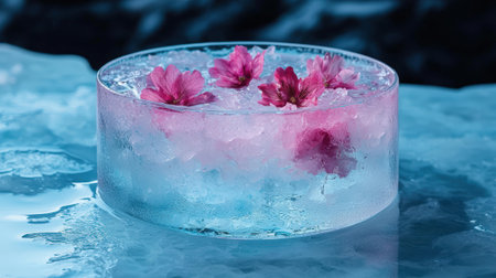 Icy cocktail with pink flowers in a glass bowl.の素材