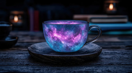 Dreamy galaxy in a teacup on rustic wooden table.の素材