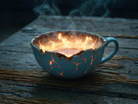 Fiery liquid in a cracked, ceramic cup with steam.の素材