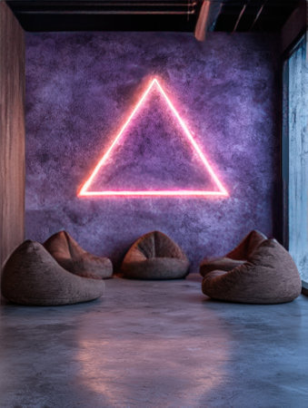 Modern lounge area with neon triangle and beanbag chairs.の素材