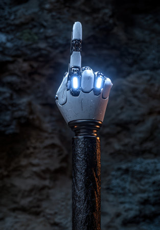 Futuristic robot hand pointing upwards with glowing fingers.の素材
