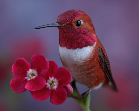 Rufous hummingbird perched near vibrant red flowers.の素材
