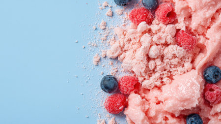 Frozen berry dessert with raspberries and blueberries on blue.の素材