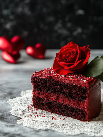 Decadent red velvet cake slice with rose decoration.の素材