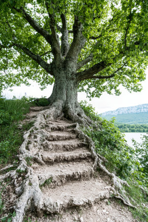 Majestic tree with root steps leading up a hill.の素材