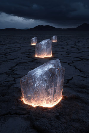 Glowing ice formations illuminate a cracked, desolate landscape.の素材