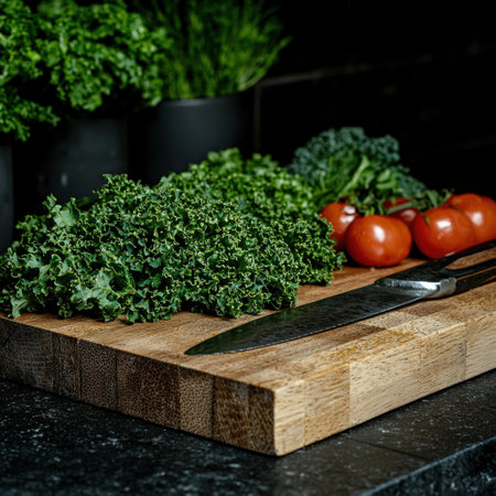 Fresh kale and tomatoes on a wooden cutting board.の素材